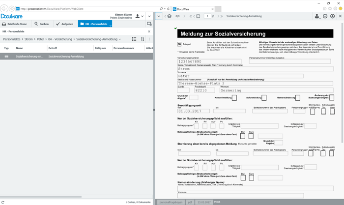 Auch das Formular für die Meldung zur Sozialversicherung wird automatisch gefüllt und in der Personalakte abgelegt. Auch das Formular für die Meldung zur Sozialversicherung wird automatisch gefüllt und in der Personalakte abgelegt.